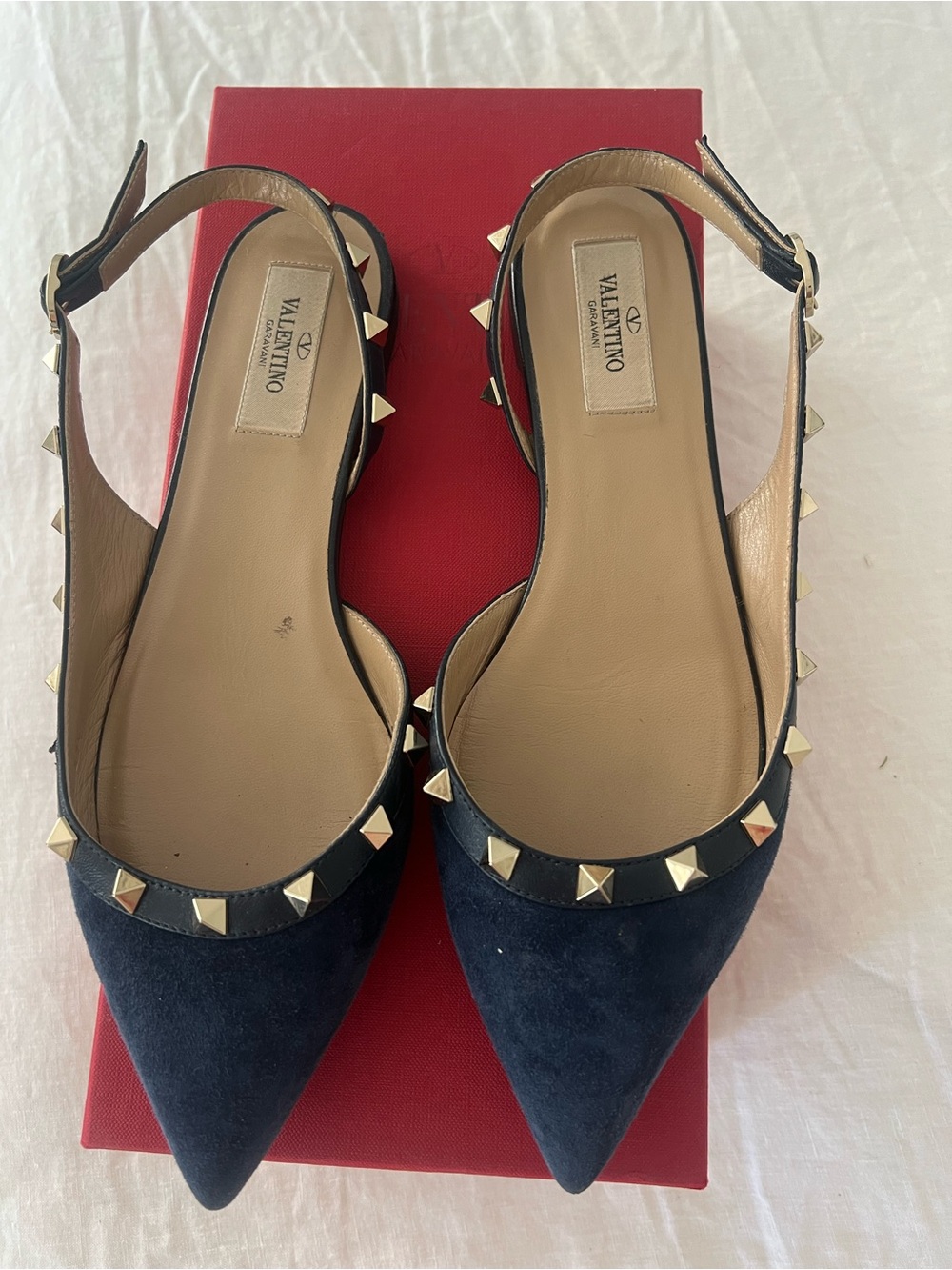 Valentino Navy Suede Rockstud Pointed Slingback Flats with Gold Studs